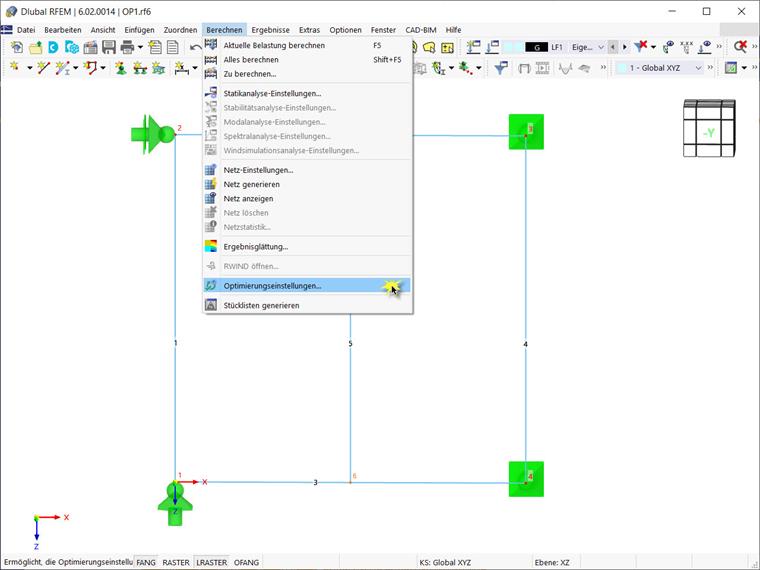 Optimierungseinstellungen im Menü 'Berechnen'