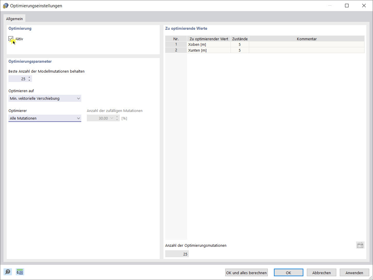 Optimierungseinstellungen