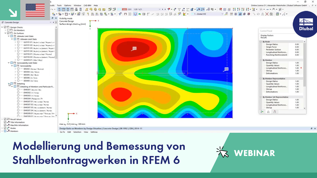 Presentation slide featuring strategies for modeling and designing reinforced concrete structures using RFEM 6 within a webinar setting.