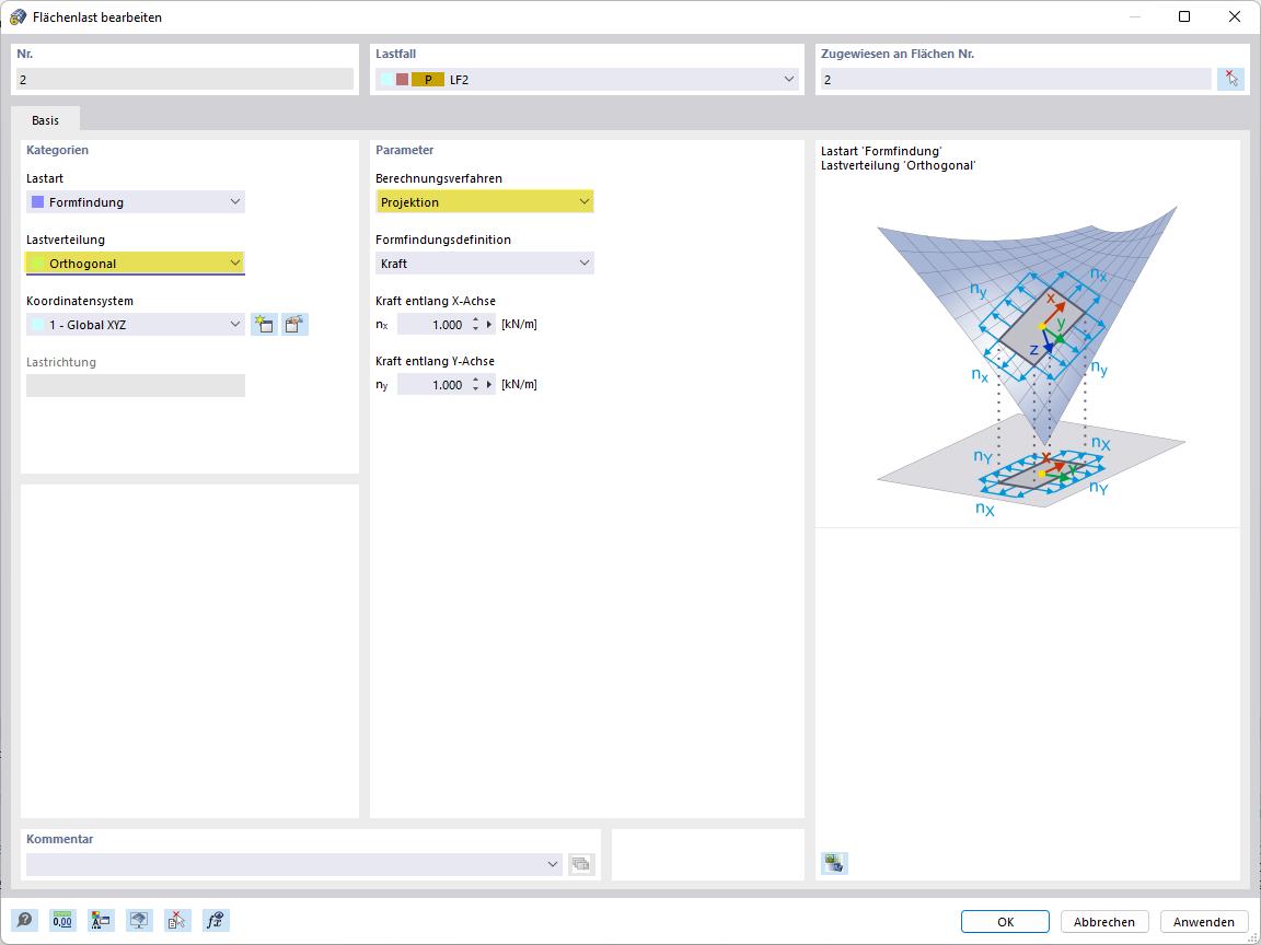 Flächenlast Formfindung, Projektionsmethode - orthogonal