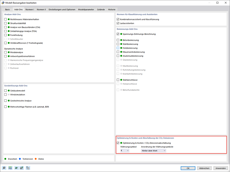 Add-On Optimierung & Kosten/CO₂-Emissionsabschätzung