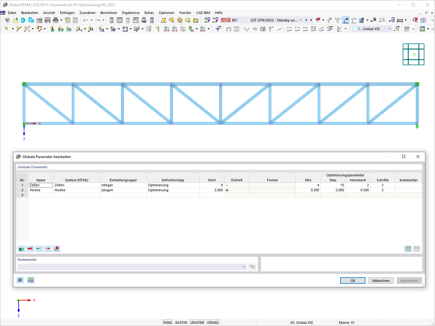 Globale Parameter des Fachwerkträgers