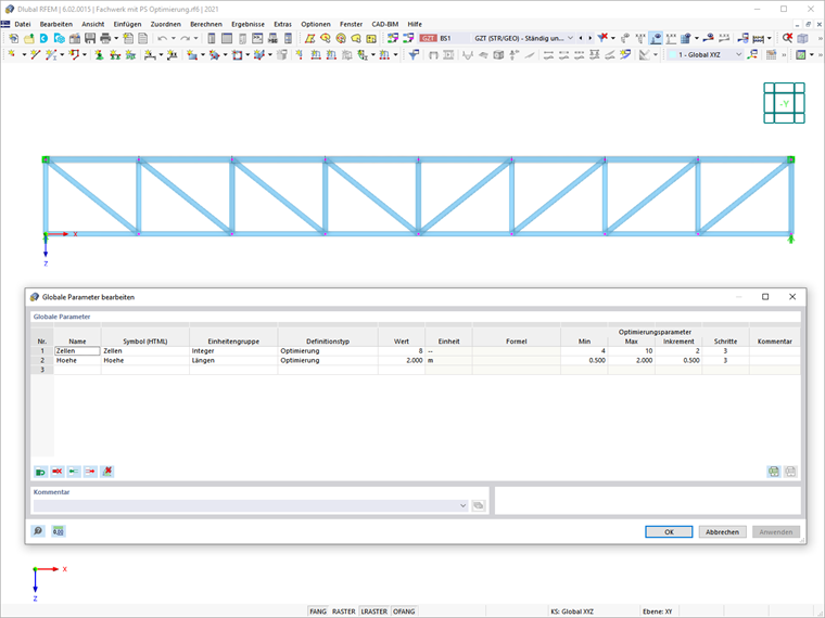 Globale Parameter des Fachwerkträgers