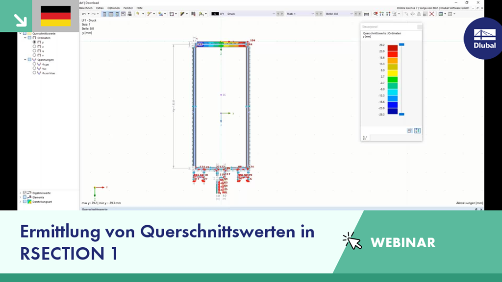 Analyse der Querschnittswerte und Spannungen in einer Tragwerksstruktur.