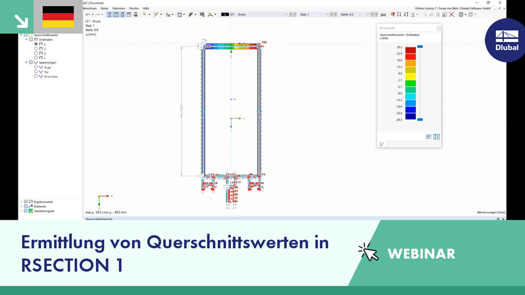 Analyse der Querschnittswerte und Spannungen in einer Tragwerksstruktur.