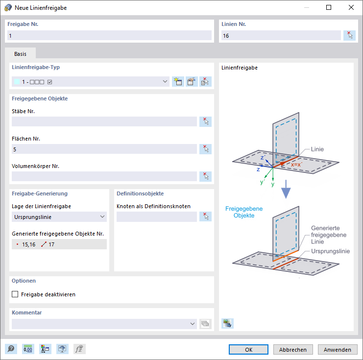 Dialog 'Neue Linienfreigabe'