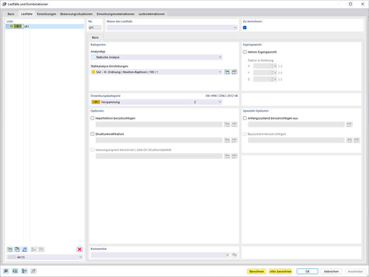 Dialog 'Lastfälle und Kombinationen' - Berechnung starten