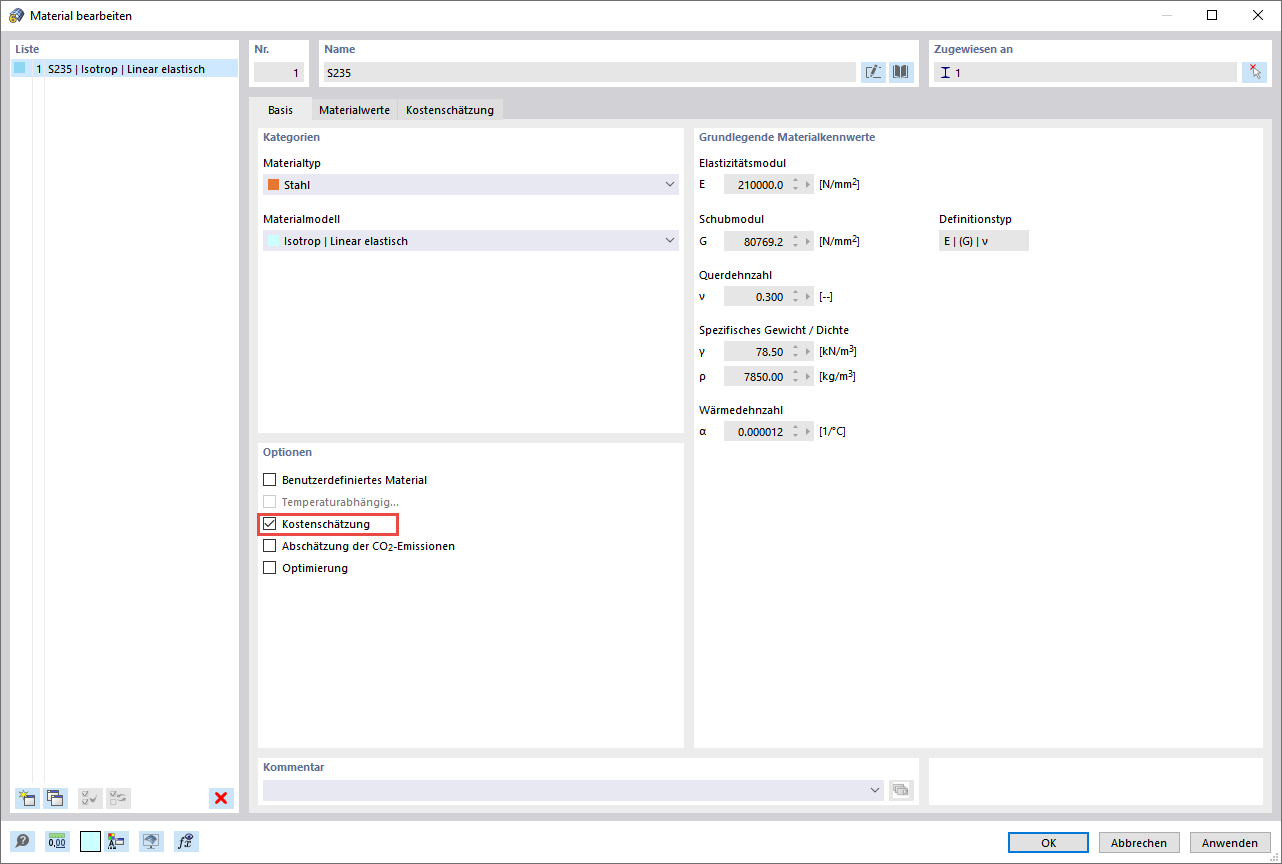 Aktivierung der Option 'Kostenschätzung'
