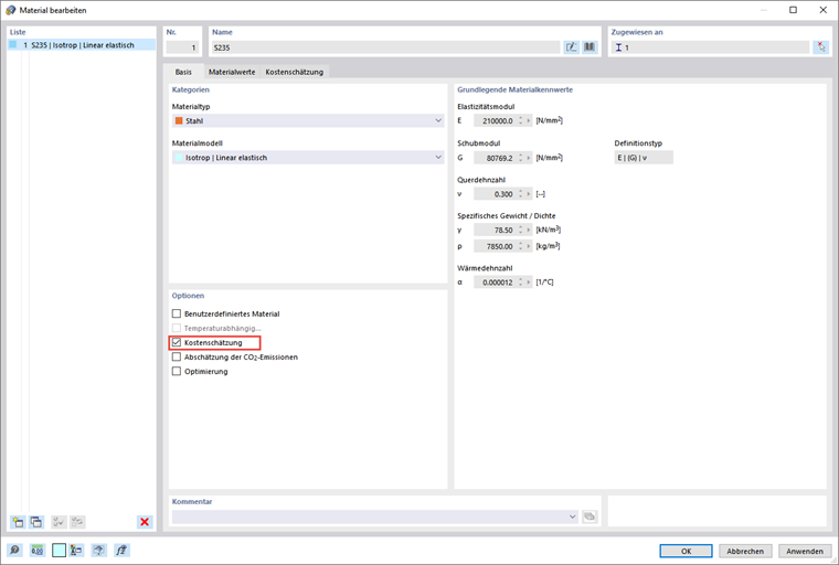 Aktivierung der Option 'Kostenschätzung'