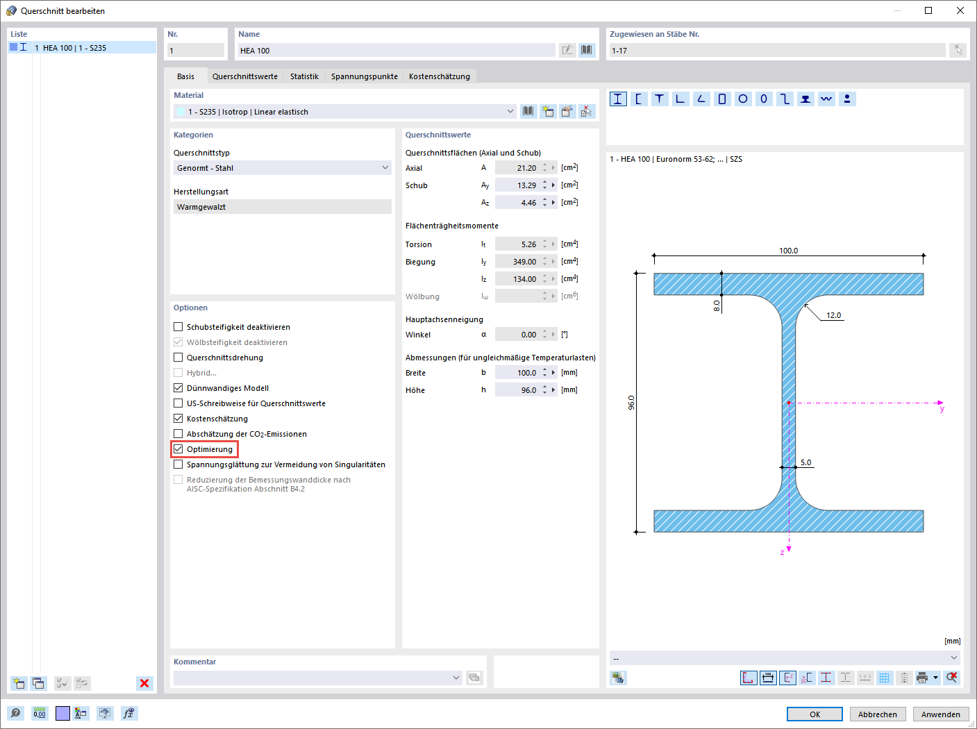 Optimierung des Querschnitts