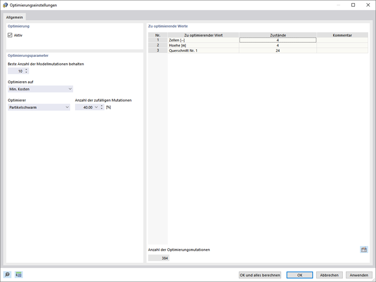 Optimierungseinstellungen