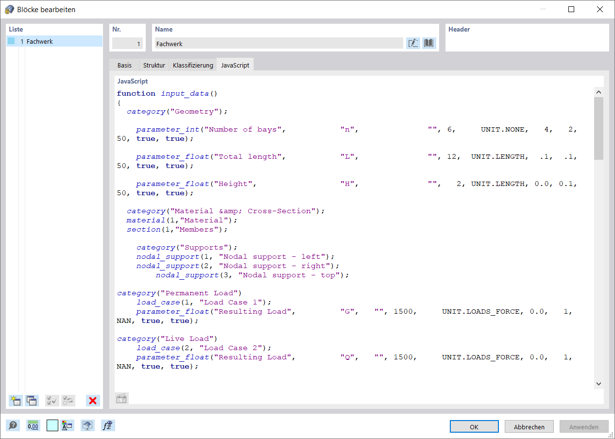 Das Skript im Fenster 'Blöcke bearbeiten'