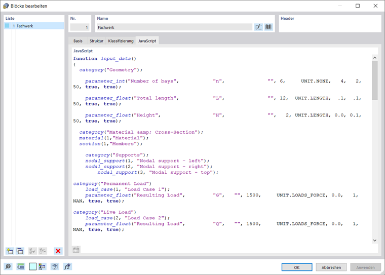 Das Skript im Fenster 'Blöcke bearbeiten'