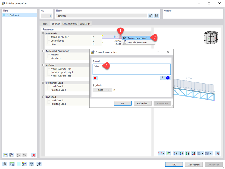 Geometrieparameter des Blocks mit globalen Parametern verknüpfen
