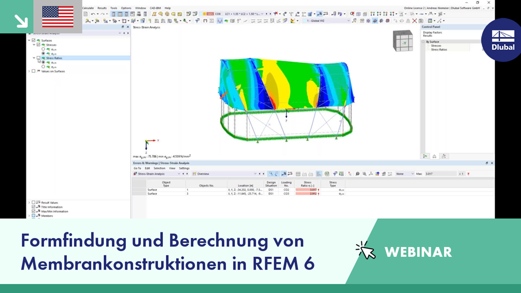 Screenshot aus einem Webinar über die Modellierung und Berechnung von Membrankonstruktionen im Ingenieurbereich mit RFEM 6.