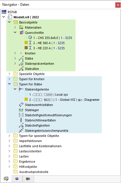 Basisobjekte (grün) und Typen für Basisobjekte (blau) im Navigator