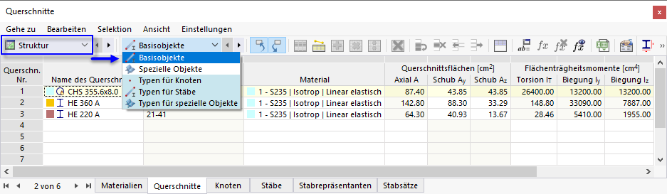 Basisobjekte und Typen für Basisobjekte in Tabelle