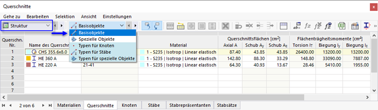 Basisobjekte und Typen für Basisobjekte in Tabelle