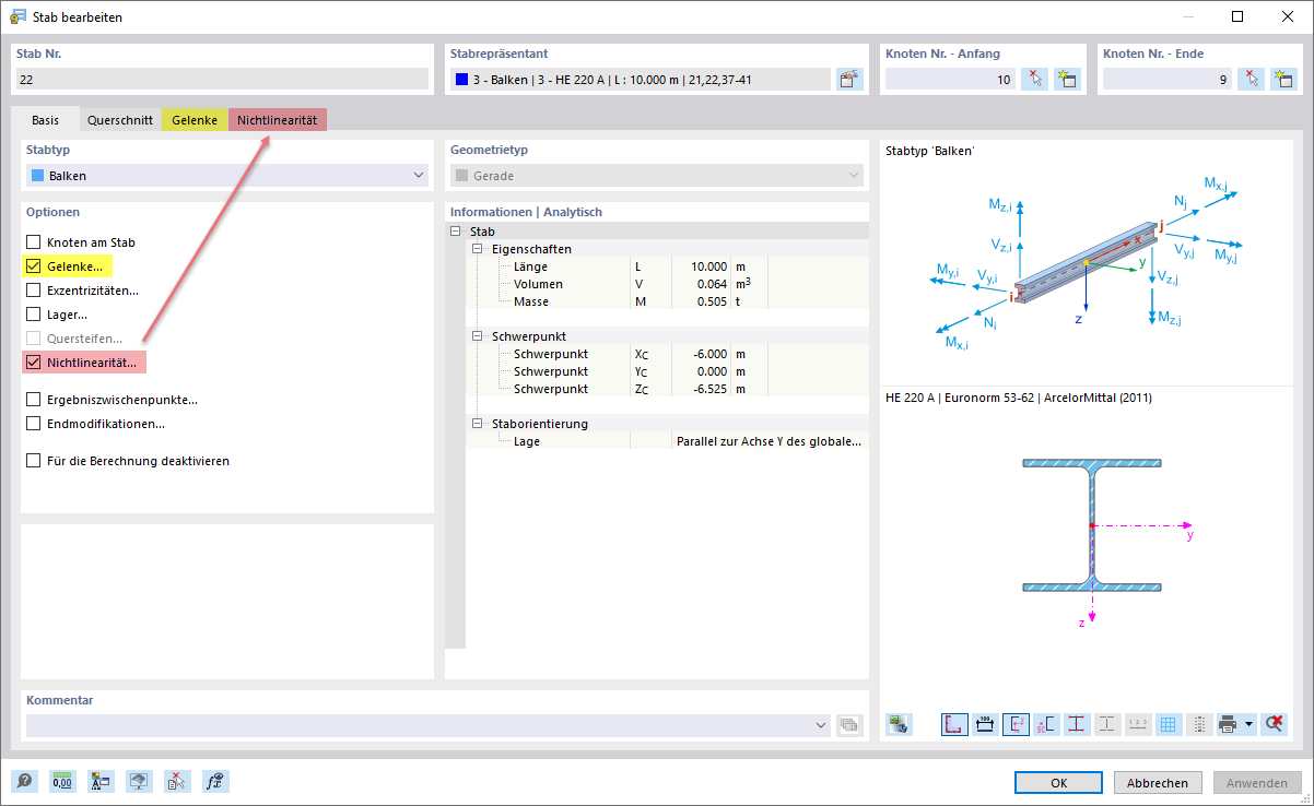 Stab (Basisobjekt) mit Gelenk und Nichtlinearität (Typen für Stäbe) versehen