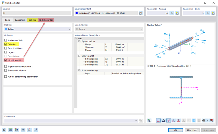 Stab (Basisobjekt) mit Gelenk und Nichtlinearität (Typen für Stäbe) versehen