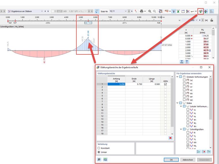 FAQ 005303 | Wie kann im Ergebnisverlauf von RFEM 6 ein Glättungsbereich / eine Glättungslinie eingefügt werden?
