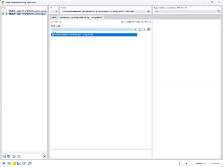 Spannungs-Dehnungs-Berechnungskonfigurationen im Dialog "Neue Linienschweißverbindung"