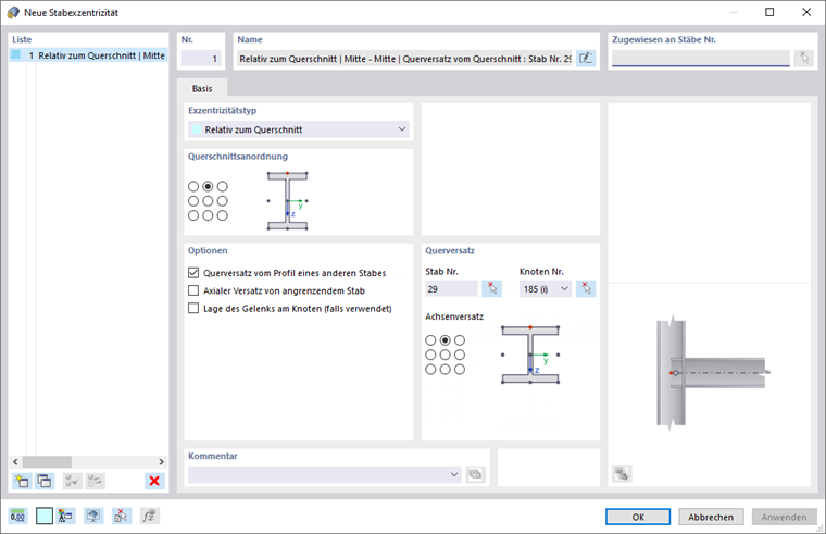 Dialog 'Neue Stabexzentrizität'