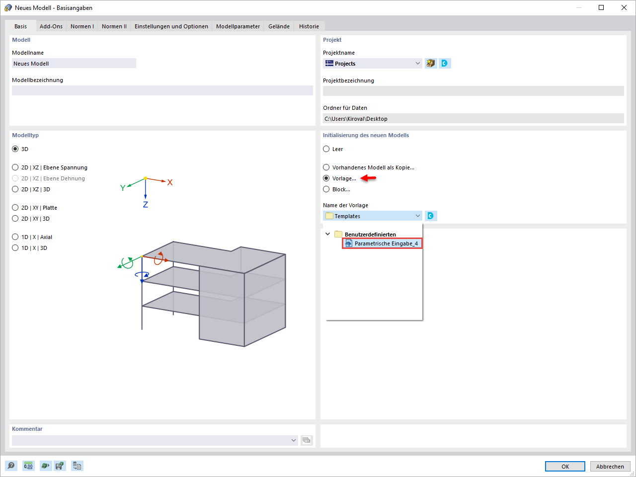 Importieren der Vorlage in neue Modelldatei