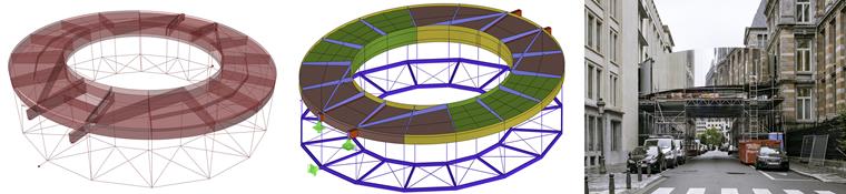 Grasshopper 3D-Modell und RFEM-Berechnungsmodell der Tondo-Brücke @ Bollinger+Grohmann mit Bild nach Fertigstellung (© Diego APELLÁNIZ)