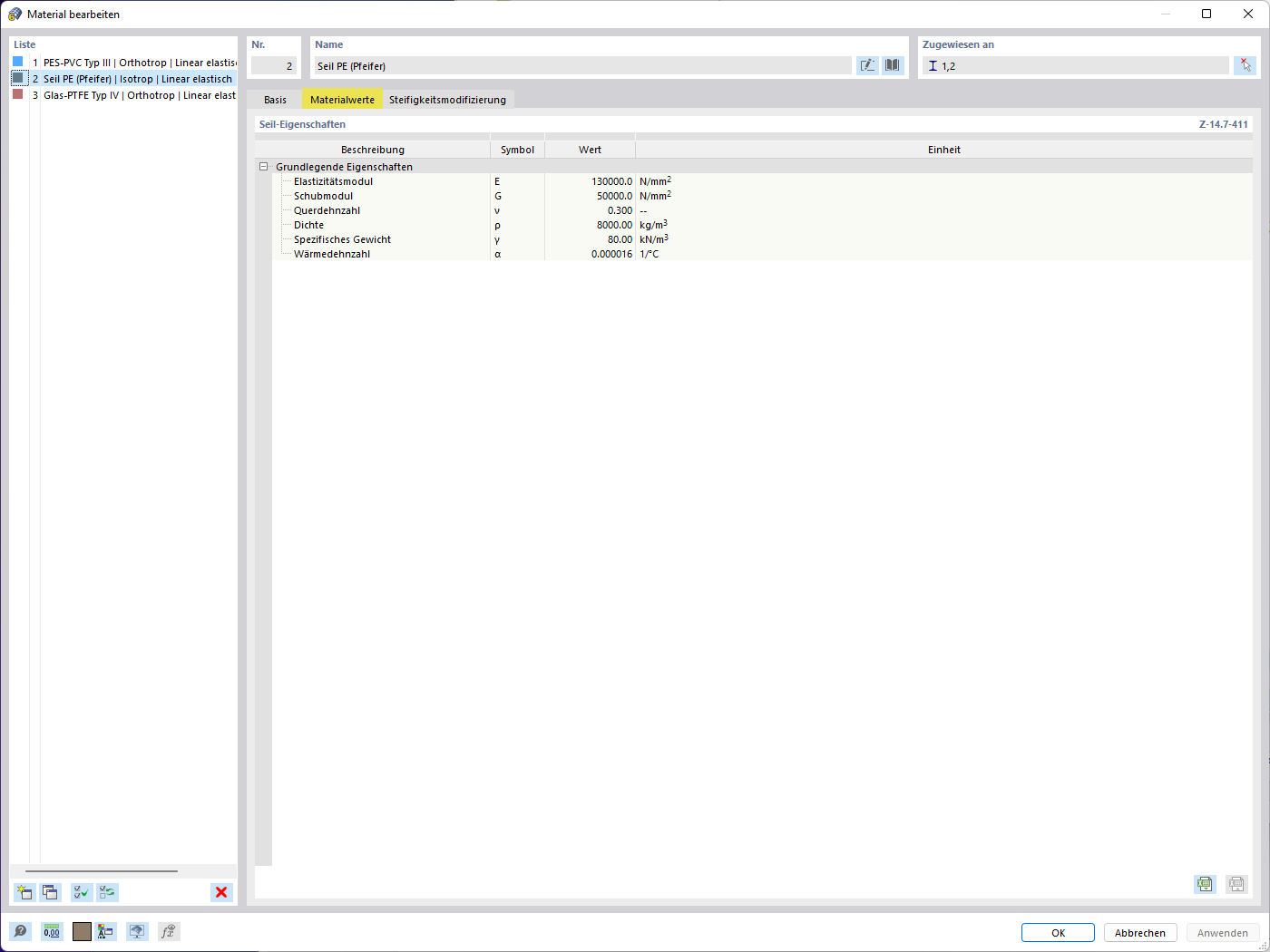 Materialwerte: Seil-Eigenschaften