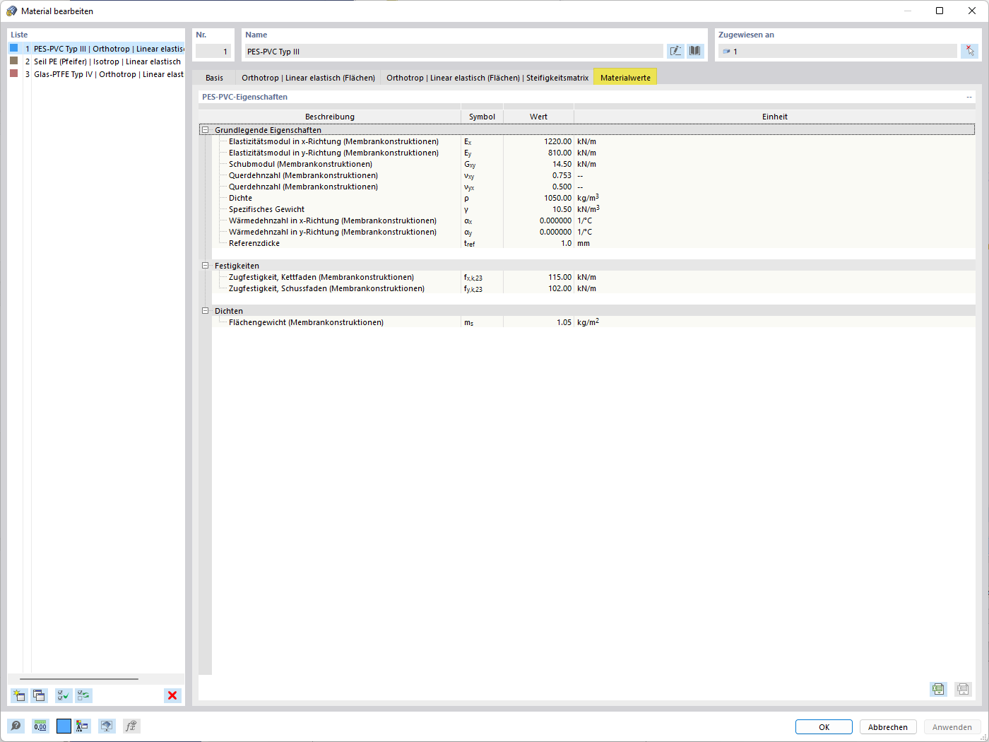 Materialwerte: Membran-Eigenschaften