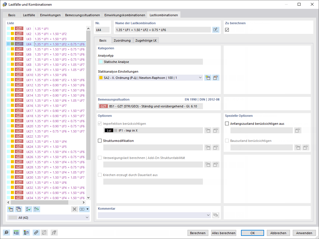Dialog 'Lastfälle und Kombinationen', Register 'Lastkombinationen'