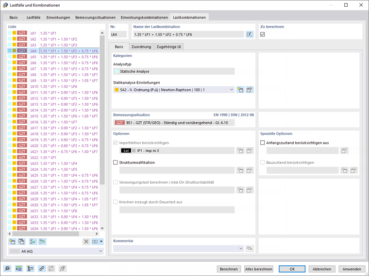 Dialog 'Lastfälle und Kombinationen', Register 'Lastkombinationen'