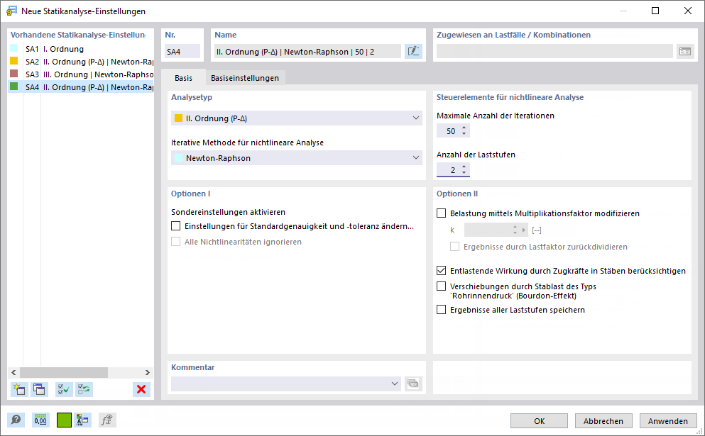Dialog 'Neue Statikanalyse-Einstellungen'