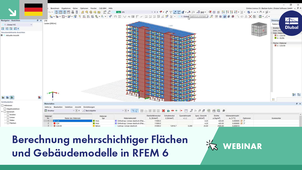 Mehrschichtiger Flächenaufbau in Gebäudemodellen, präsentiert im Webinar für RFEM 6 Berechnungen.