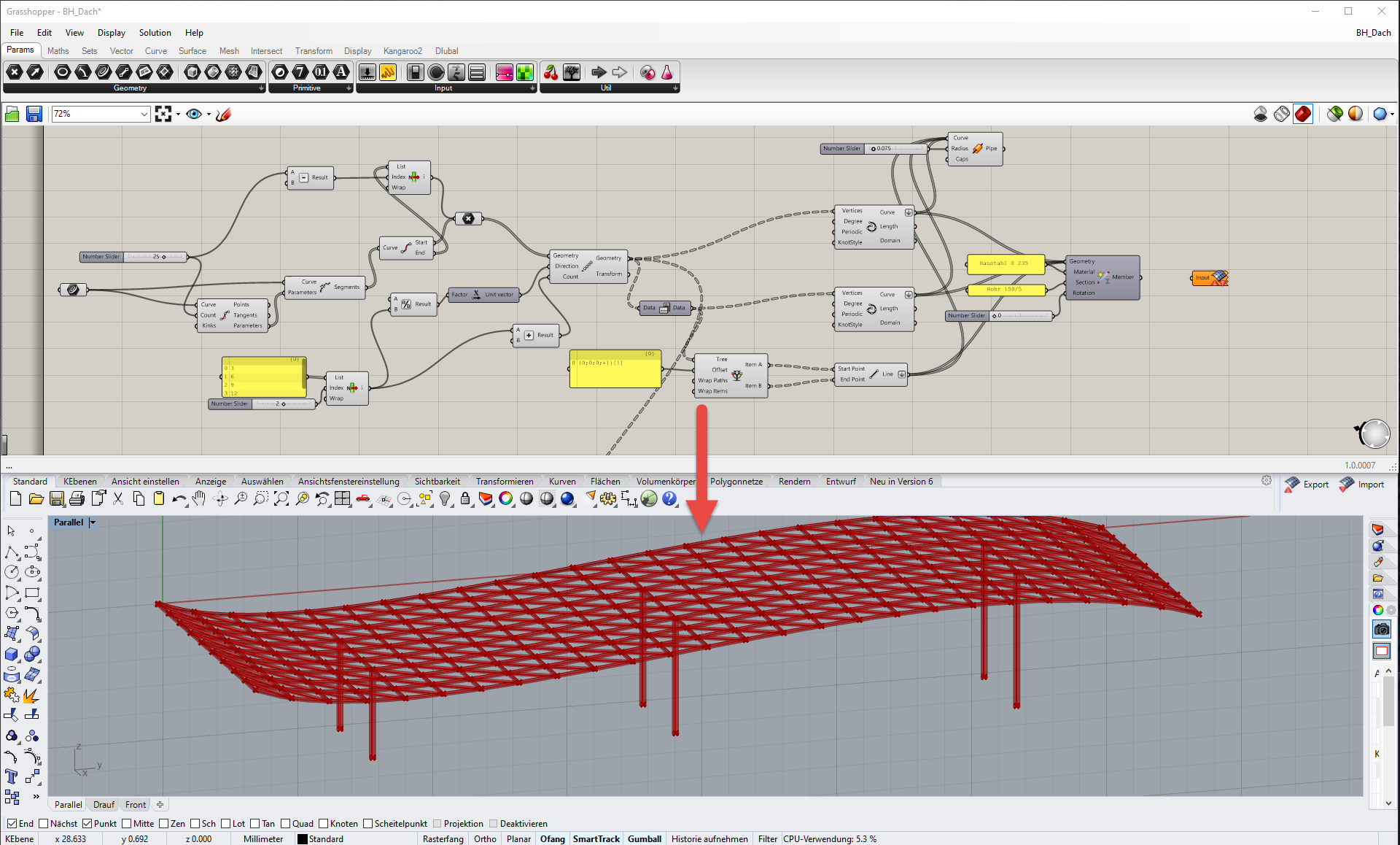 Parametrisierung einer Stahlüberdachung mit Grasshopper (oben) und RFEM (unten)