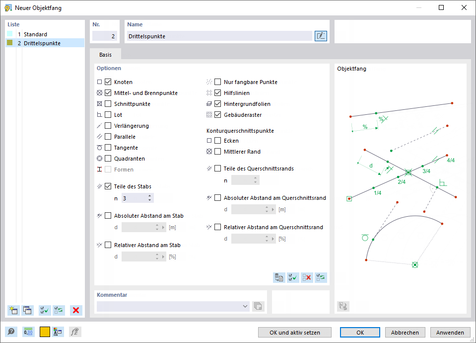 Dialog 'Neuer Objektfang'
