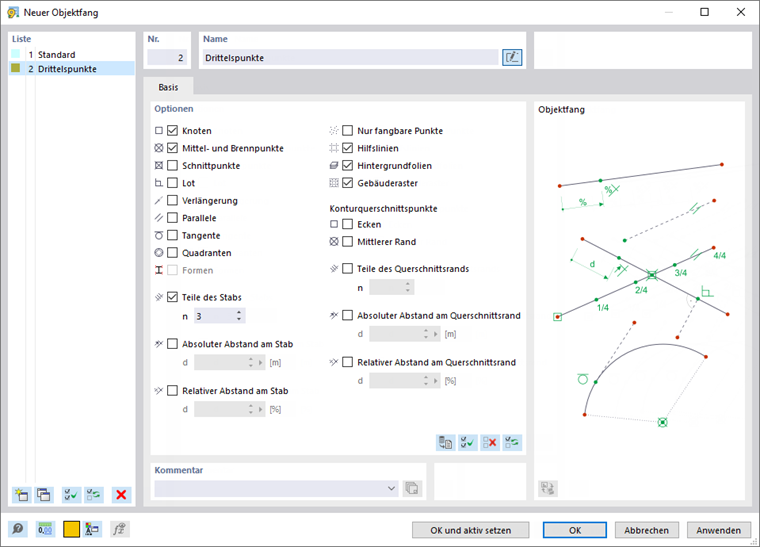 Dialog 'Neuer Objektfang'