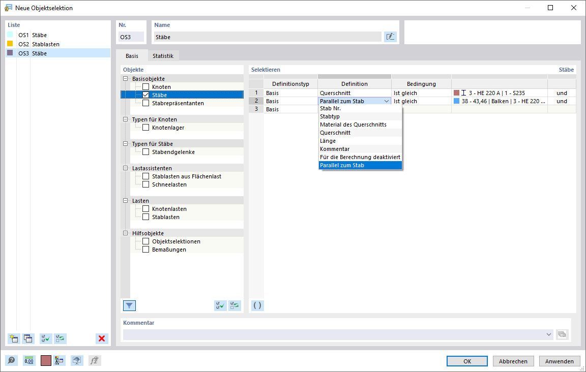 Dialog 'Neue Objektselektion'