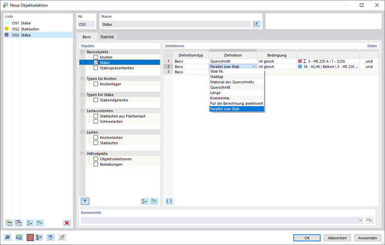 Dialog 'Neue Objektselektion'