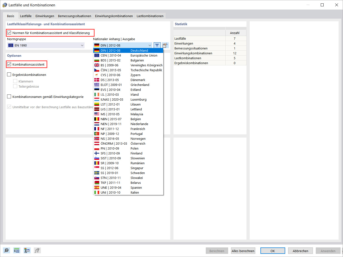 Aktivierung des Kombinationsassistenten und der Normen für Kombinationsassistent und Klassifizierung