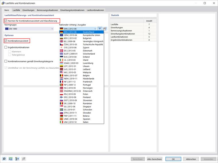Aktivierung des Kombinationsassistenten und der Normen für Kombinationsassistent und Klassifizierung