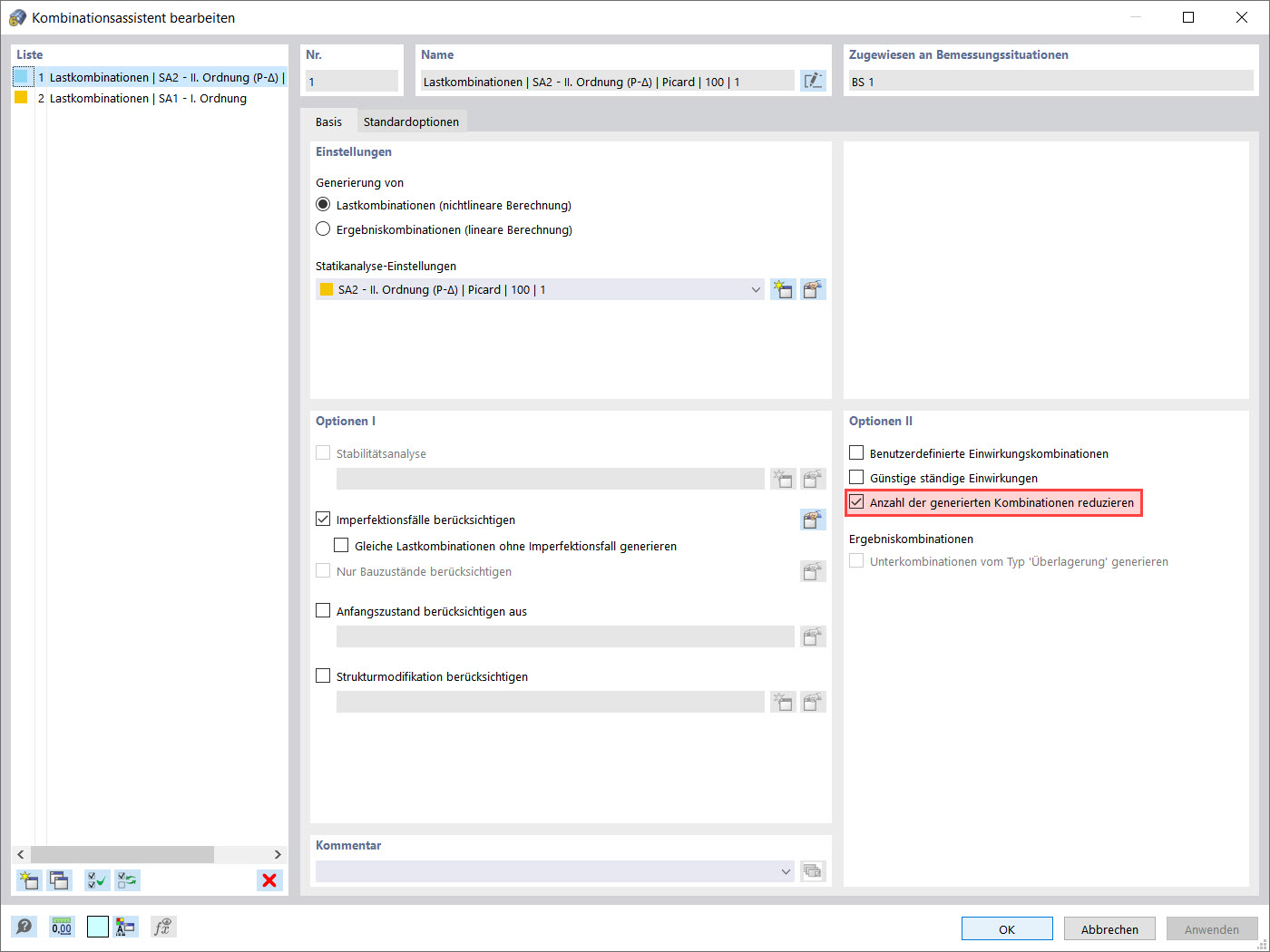 Option “Reduce Number of Generated Combinations” in Combination Wizard