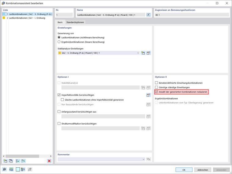 Option “Reduce Number of Generated Combinations” in Combination Wizard
