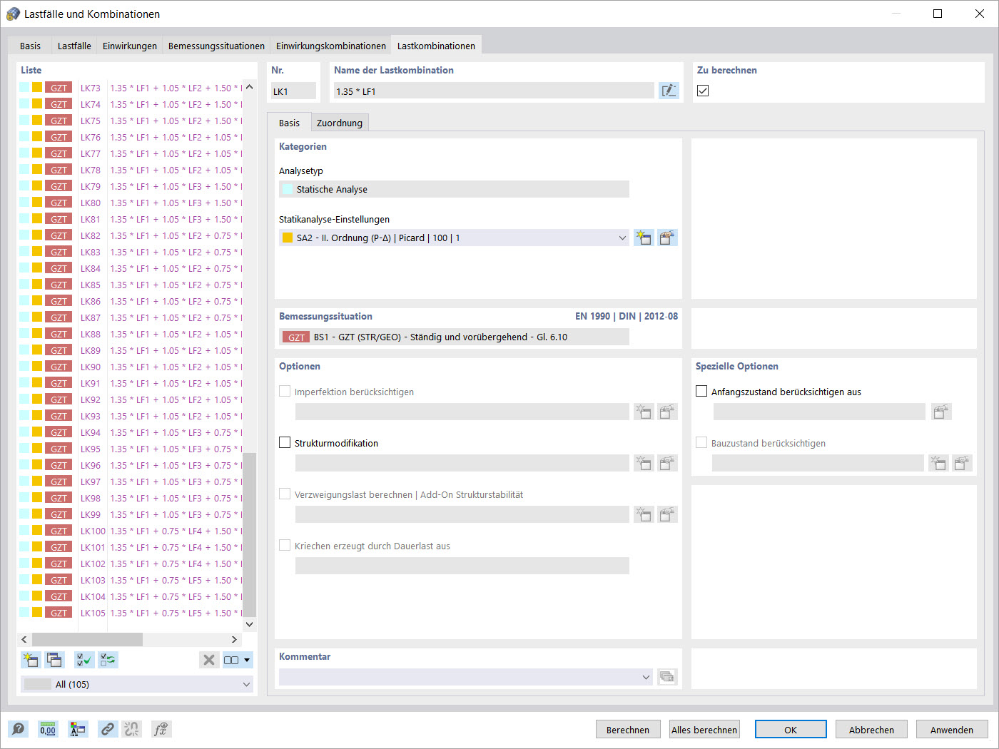 Anzahl der Lastkombinationen ohne Reduzierung