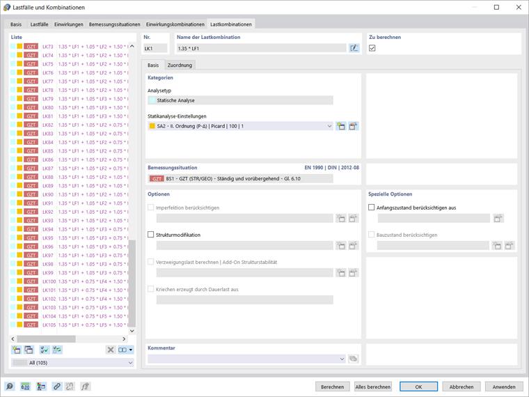 Anzahl der Lastkombinationen ohne Reduzierung