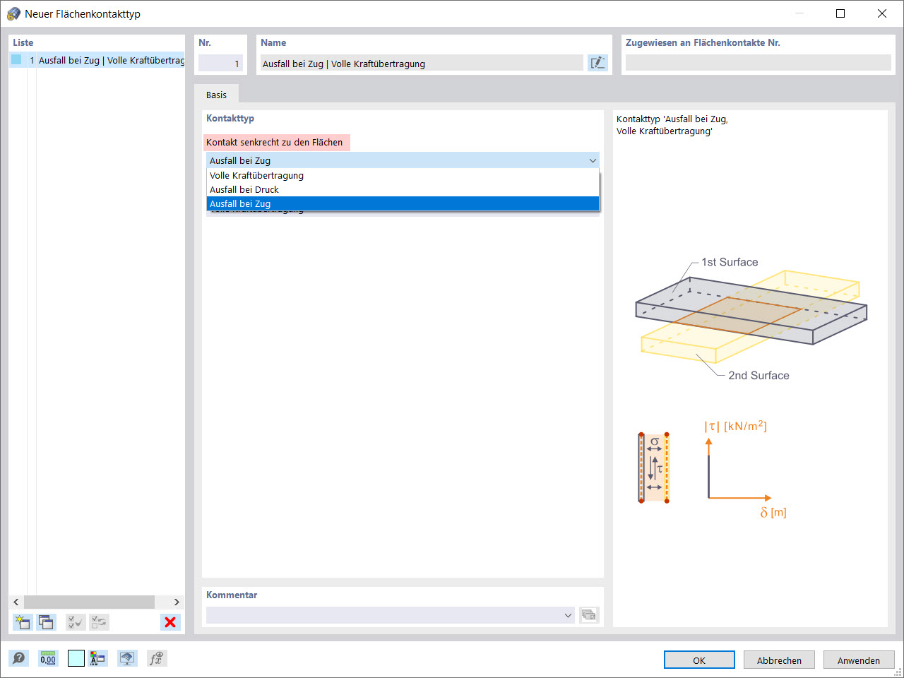 Dialog "Neuer Flächenkontakttyp": Kontakt senkrecht zu den Flächen