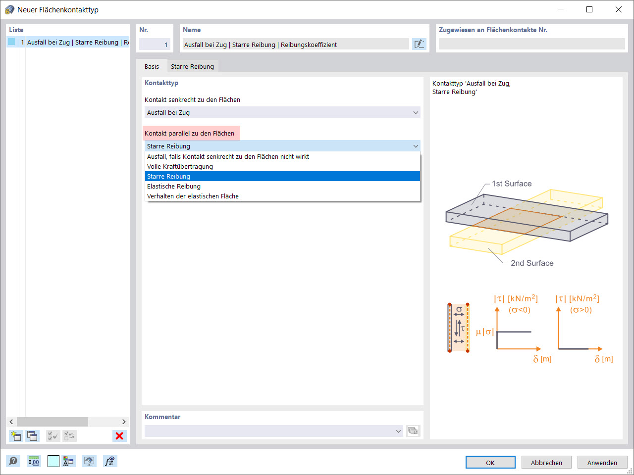 Dialog "Neuer Flächenkontakttyp": Kontakt parallel zu den Flächen