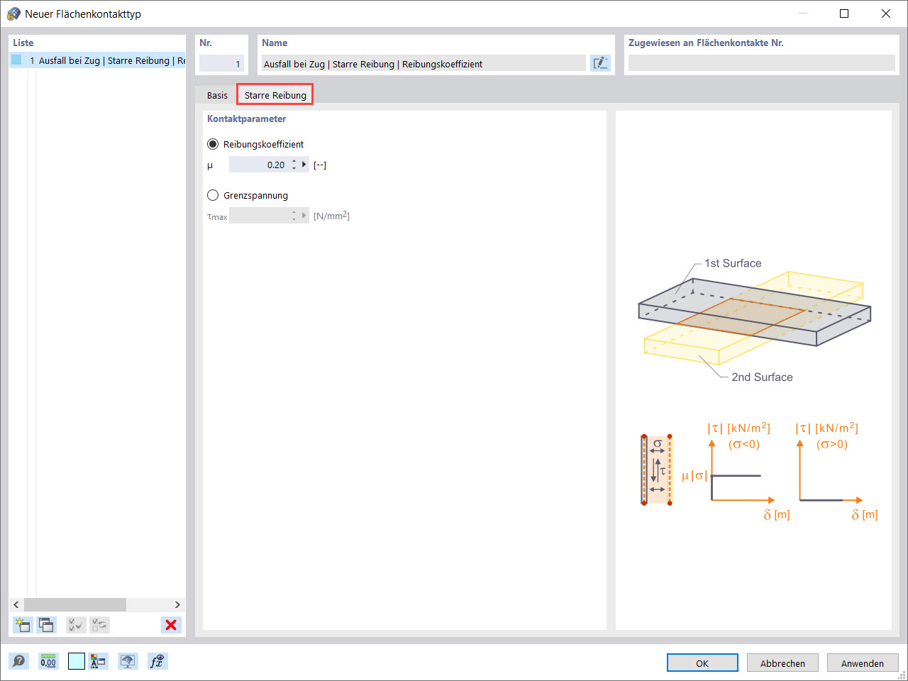 Kontaktparameter für Flächenkontakt des Typs "Starre Reibung".