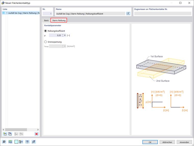 Kontaktparameter für Flächenkontakt des Typs "Starre Reibung".